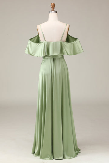 Matcha Spaghetti Straps Hombro Frío Vestido de dama de honor de satén de línea A